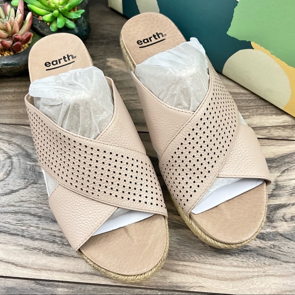 Earth Modena Marigold Espadrille Platform Wedge Slide Sandal 8M Blush Leather - Picture 2 of 11